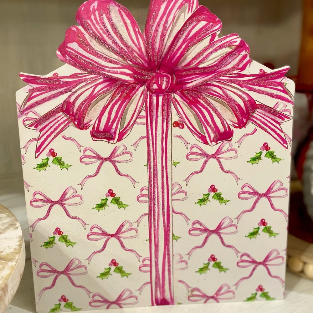 Festive Ribbon Candy Design Bow Pink and Green Metal Stake with Easel